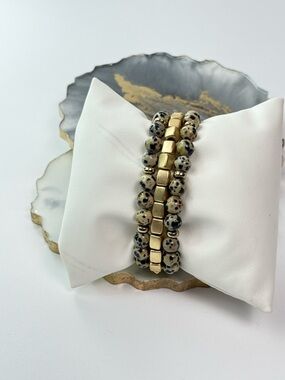 3PC Dalmatian Stone Beaded Bracelet Stack | Gold Cube Neutral Boutique Set